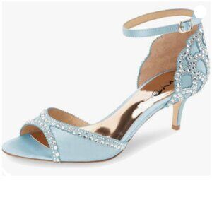 XYD Sky Blue Peep Toe D'Orsay Kitten Heel Rhinestone Stud ankle Strap Sandals